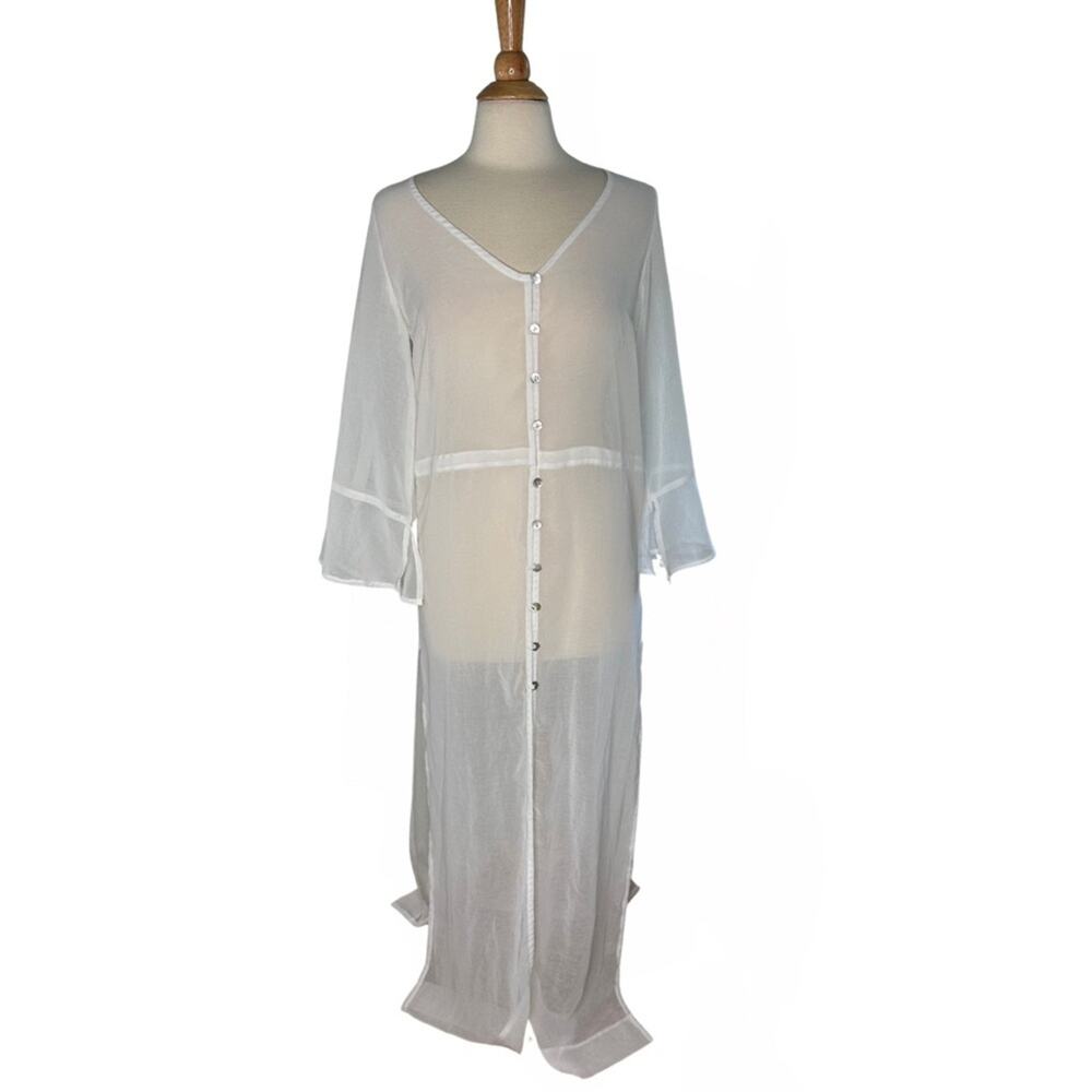 Fox Swim Sheer White Cover-Up Beach Wear Long Line Button Front Slit Minimalist